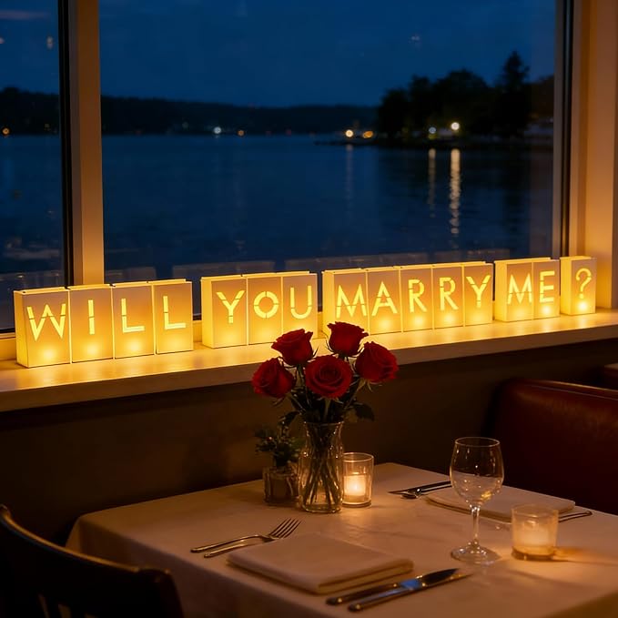 NEXAGEBIUS Will You Marry Me Marriage Proposal Decorations Luminary Bags Light Up Letters Sign Decor 2000 Rose Petals and Candles Set Romantic, Valentines Decor, Engagement Party Banner