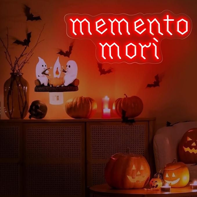 Memento Mori Neon Sign, Red Stoic Wall Art, Gothic LED Light, Creepy Halloween Decor, Gothic Decoration, Satanic Witch Decor, 16.5"x6.7"