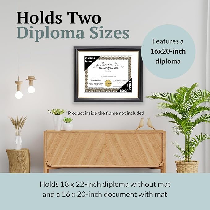 Creative Picture Frames 16" x 20" Rockefeller Black with Gold Rim Diploma Frame, Displays 16" x 20" Certificate or 18" x 22" Document without Mat, College Degree Frame, Full-Strength Glass, White Mat