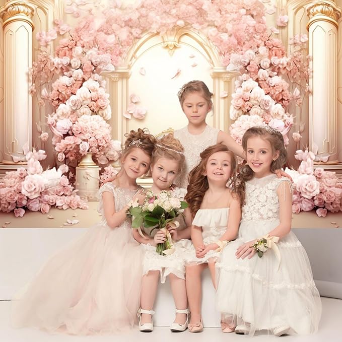 9x6ft Pink Floral Wall Backdrop Girls Rose Bridal Shower Palace Wedding Anniversary Flowers Baby Shower Party Decorations Photography Background Photo Shoot Props