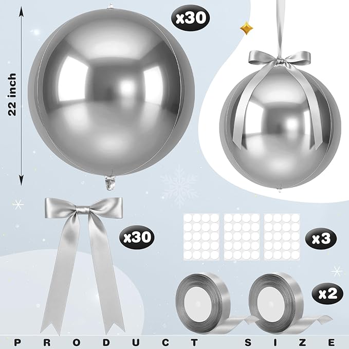 Jenaai 30 Set Round Foil Balloons Bulk 22 Inch 4d Metallic Giant Balloons Set with Satin Bows Ribbon for Ceiling Holiday Ornaments New Year Birthday Wedding Party Decoration(Silver)