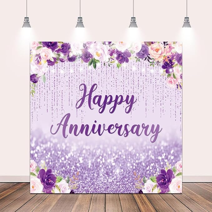 8x8ft Happy Anniversary Backdrop, Floral Glitter Backdrop for Women Wedding Anniversary Decoration Violet and Pink Flowers Photography Background Cake Table Banner Party Decor