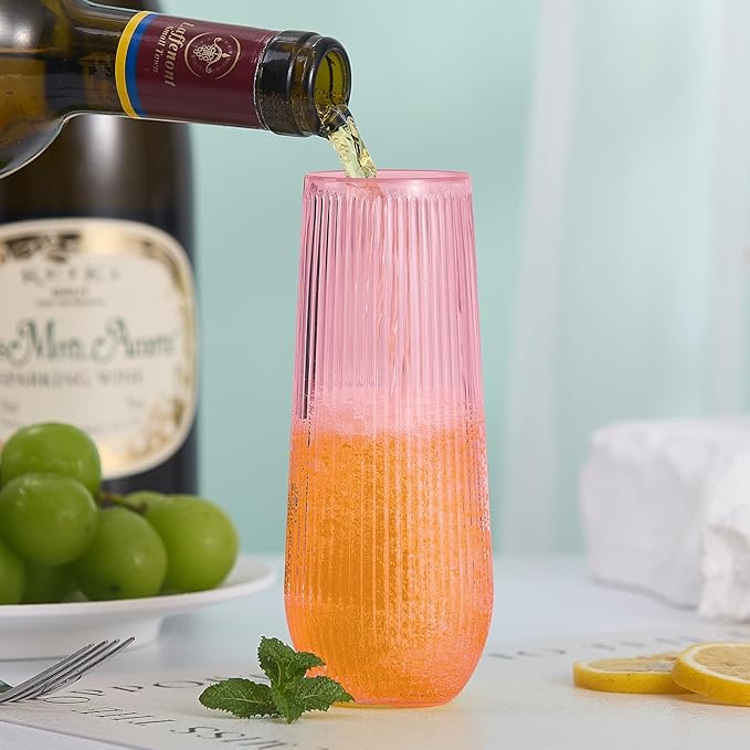 48 Pack Plastic Ribbed Champagne Flutes, 9 Oz Stemless Disposable Pink Clear Plastic Toasting Glasses Shatterproof Recyclable and BPA-Free Perfect For Wedding