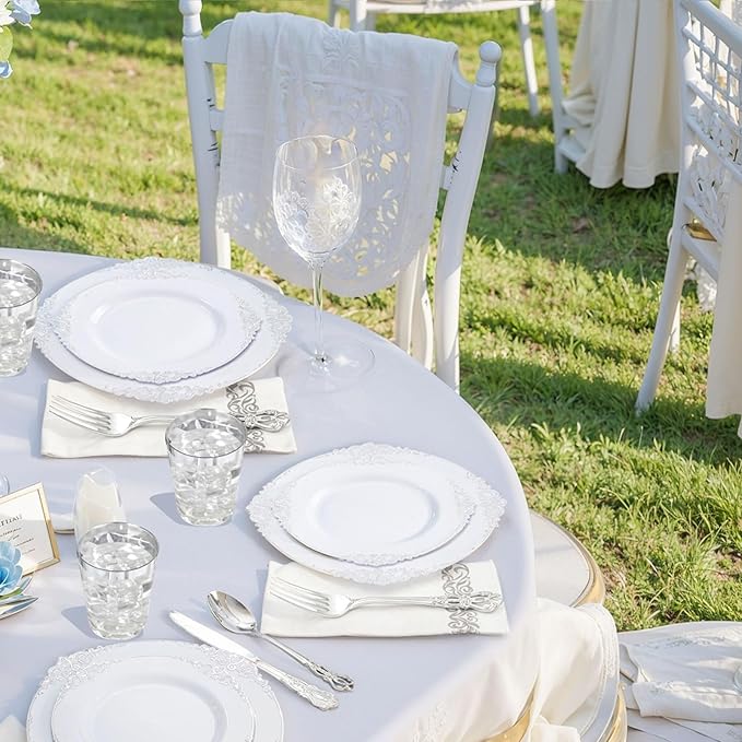 YOUBET 700PCS Silver Plastic Plates - White and Silver Disposable Plates - Silvery Plastic Dinnerware Set - Include 200 Plates, 300 Heavy Duty Silverware, 100 Cups and 100 Napkins for Wedding & Party