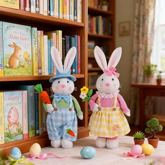 Juegoal 2 Pack Easter Decorations Standing Bunny with Stretchable Legs, 23" to 32" Handmade Easter Rabbit Couple Statues, Cute Photo Props Gifts for Office Kitchen Farmhouse Spring Home
