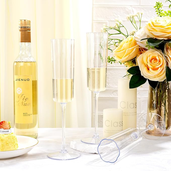 YOUBET 36 Pack Clear Champagne Flutes Plastic - 6 Oz Flower Wavy Champagne Plastic Glasses - Heavy Duty Vintage Disposable Flutes for Wedding Party Birthday Anniversary