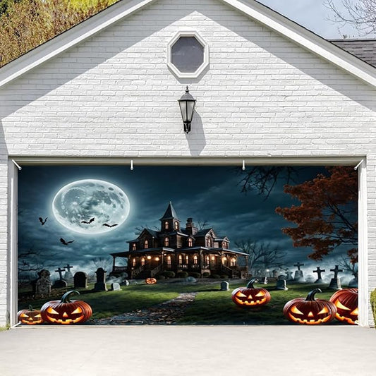 Horror Halloween Garage Door Decorations Backdrop Haunted House Moonlight Bat Terror Tomb Courtyard Wall Background Magical Night Pumpkin Trick or Treat Banner Studio Props 13x6ft