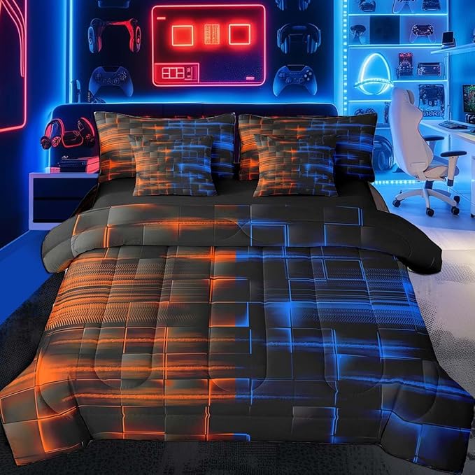 Feelyou Blue and Orange Comforter Set with Sheets 7 Piece Queen Size Kids Geometric Bed in a Bag Strip Lines Bedding Set Abstract Art Bed Set with Comforter, Sheets,Cushion Covers