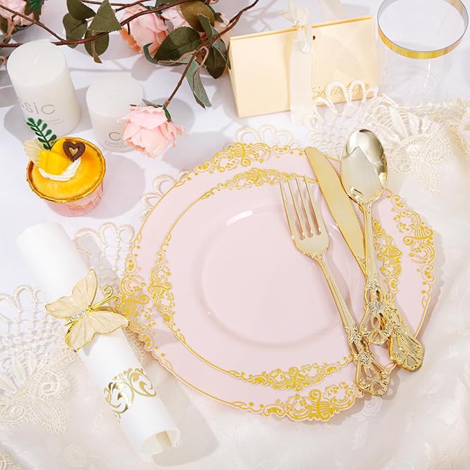YOUBET 700PCS Pink Plastic Plates - Pink and Gold Plates - Luxury Pinks Dinnerware Set Include 200 Disposable Plates, 300 Heavy Duty Silverware, 100 Cups, 100 Napkins for Wedding Party Valentines Day