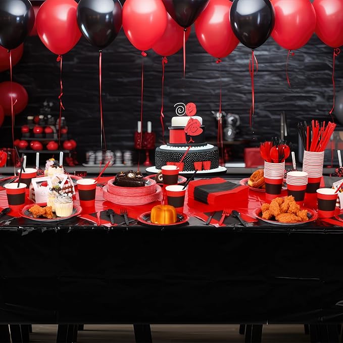 452 Pcs Red and Black Party Decorations, Red and Black Paper Plates Cups Napkins Tablecloth Cutlery Straws Baby Shower Wedding Birthdays Party Supplies, 50 Guests