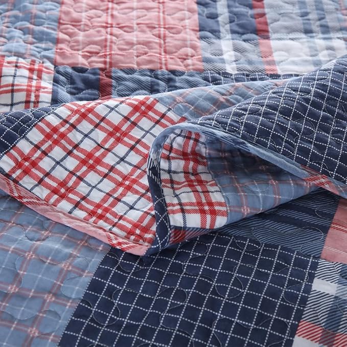 Cotton Bedding Quilt Sets Reversible All Season Real Patchwork Coverlet Sets All Season Blue Bedspread, Houndstooth Plaid Pattern, Queen Size