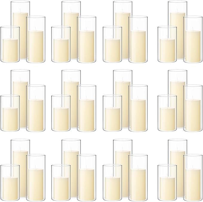 Shihanee Set of 36 Pillar Candles and Glass Cylinder Vases Clear Cylinder Holders for Slim Pillar Candles Wedding Centerpieces(2.6'' X 4.7'', 5.9'', 7.9'',Ivory White)