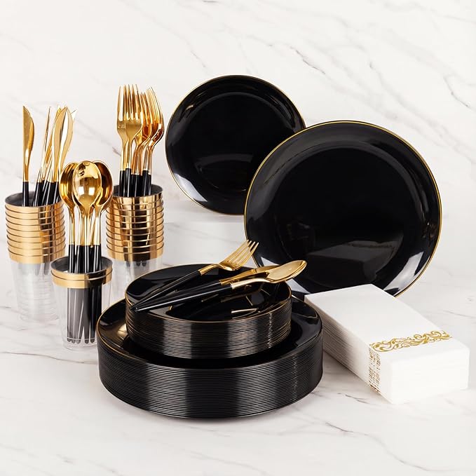 Supernal 350pcs Black Plastic Dinnerware Set - Black and Gold Plastic Plates, Gold Silverware Set, Wedding Party Plate, Cups for Birthday, Party, Wedding,Valentine's Day, Mother's Day and Easter