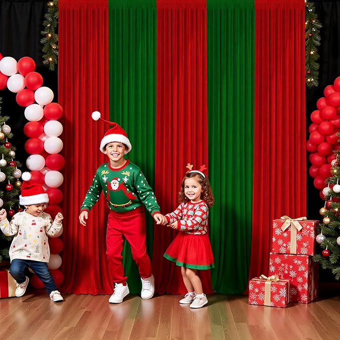 Christmas Backdrop Curtain - 10×10ft Red & Green Holiday Party Background Decor for Xmas Tree Photos, Home Festive Wall, Mall Santa Booth, Reusable Winter Celebration Decoration for Family