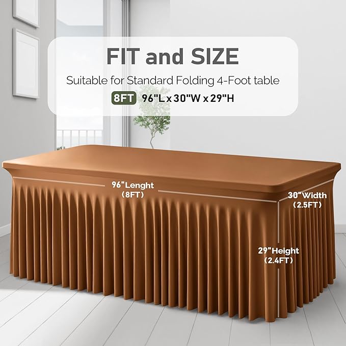 6 Packs Brown Table Clothes for 8 Foot Rectangle Tables, One-Piece Wrinkle Resistant Stretch Spandex Table Covers with Skirt for Event Banquet Wedding Birthday Party