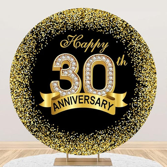 7.2x7.2ft Happy 30th Anniversary Round Backdrop Cover Diamond Black Gold Happy 30th Years Wedding Anniversary Party Theme Photo Background Luxurious Gold Sequins Banquet Circle Backdrop Decor