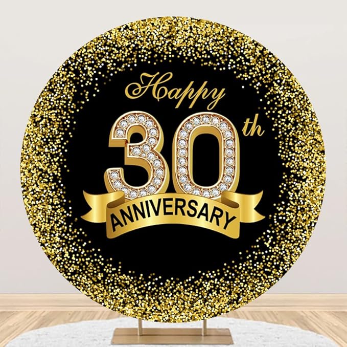7.5x7.5ft Happy 30th Anniversary Round Backdrop Cover Diamond Black Gold Happy 30th Years Wedding Anniversary Party Theme Photo Background Luxurious Gold Sequins Banquet Circle Backdrop Decor