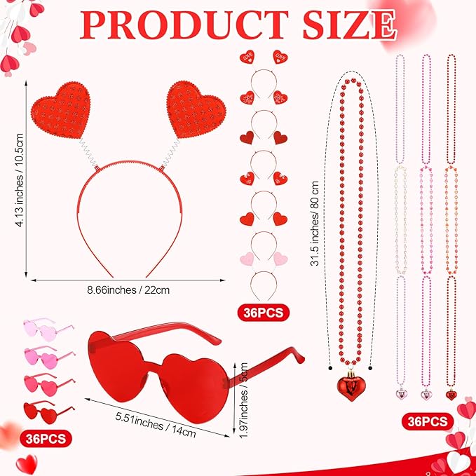 Kanayu 108 Pcs Valentines Day Accessories 36 Valentines Heart Headbands 36 Heart Shaped Sunglasses 36 Bead Necklaces for Valentine Party Favors Supplies Bachelorette Decorations(Red Pink)