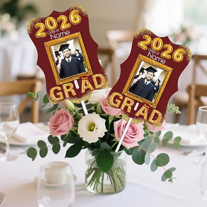 Personalized Graduation Double Sided Face Fan Class of 2026 Customized Graduation Head Face Cutout with Handle Fun Photo Prop Supplies(A-Maroon and Gold,12pcs)