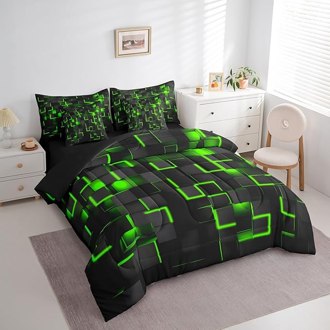 Feelyou Green and Black Bedding Set King Size Light Geometric Comforter Set with Sheets 7 Piece for Kids Boys Decor Bed in a Bag Modern Style Bed Set