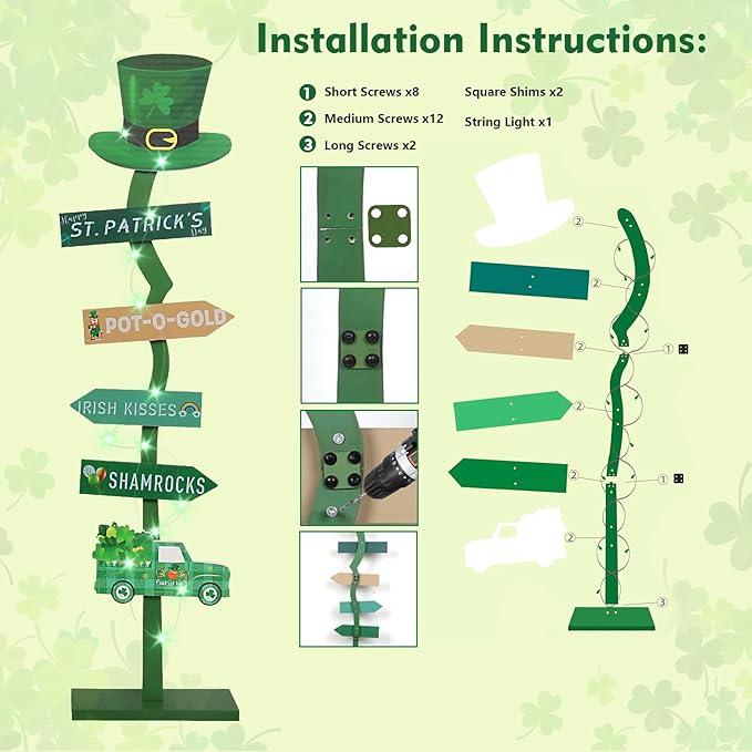 43.8" Lighted Wooden St. Patrick's Day Porch Sign Leprechaun Hat Shamrock Irish Train Standing Signs With Base For Indoor Outdoor Yard Decor