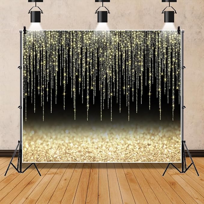 Black Gold Glitter Backdrop 10x8ft Christmas Birthday New Year Housewarming Retirement Party Graduation Background for Photography Theme Party Banner Studio Photo Booth Props