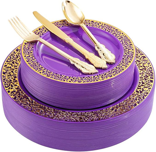 U-QE 150PCS Purple Gold Plastic Plates with Gold Silverware, Gold Plastic Plates for Party & Wedding Include 30 Dinner Plates 10.25", 30 Salad Plates 7.5", 30 Forks, 30 Knives, 30 Spoons