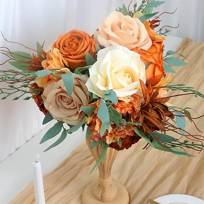 Bridesmaid Bouquets for Wedding - Set of 4 Artificial Flowers Small Bouquet for Fall Marriage Proposal Party Ceremony Anniversary Dining Table Centerpieces - Burnt Orange, 7 Inch