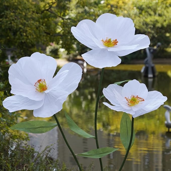 Large Paper Artificial Flowers,Giant Flowers for Decoration,Huge Handcrafted Poppy Fake Flowers with Stand for Home Decor Bridal Shower Party Outdoors Yard Event Backdrop Decor (White)