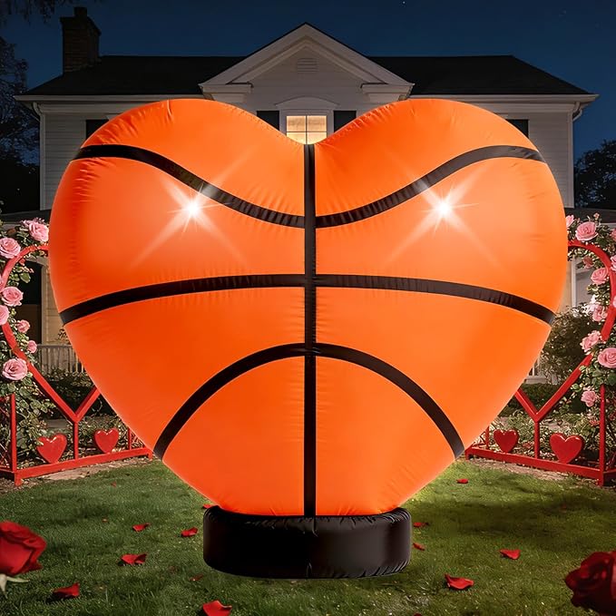 Eyourlife 4 FT Valentine Basketball Inflatable Decoration,Giant Heart Basketball Blow-Up with Built-in 1Blower 2LED for Basketball Court Yard Indoor/Outdoor Coach Player Couple Valentine Decor