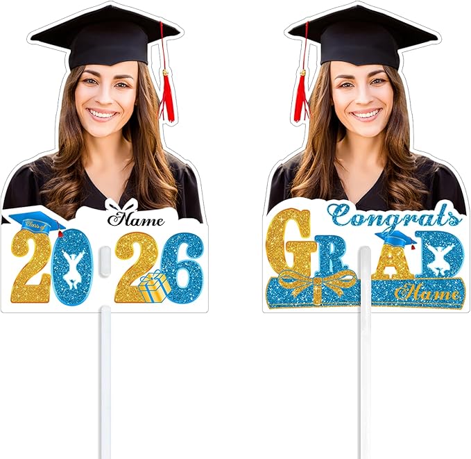 Personalized Graduation Face Fan 2026 Grade Custom Double Sided Face Cutout Fan with Handle Photo Booth Prop Party Supplies(B-Sky Blue and Gold,24pcs)