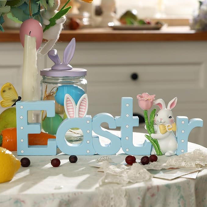 NIKKY HOME Easter Decor for Table, Easter Bunny Sign Table Decor, Cute Rabbit Centerpiece Resin Holiday Decorations for Shelf Mantel Spring Decorations for Party