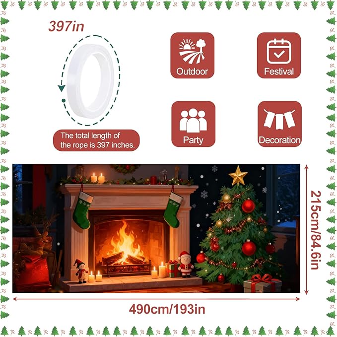 Christmas Garage Door Banner & Cover 7x16FT, Fireplace with Christmas Tree and Stockings, Large Outdoor Xmas Decoration for Garage Doors, Driveways, Winter Parties and Holiday Decor