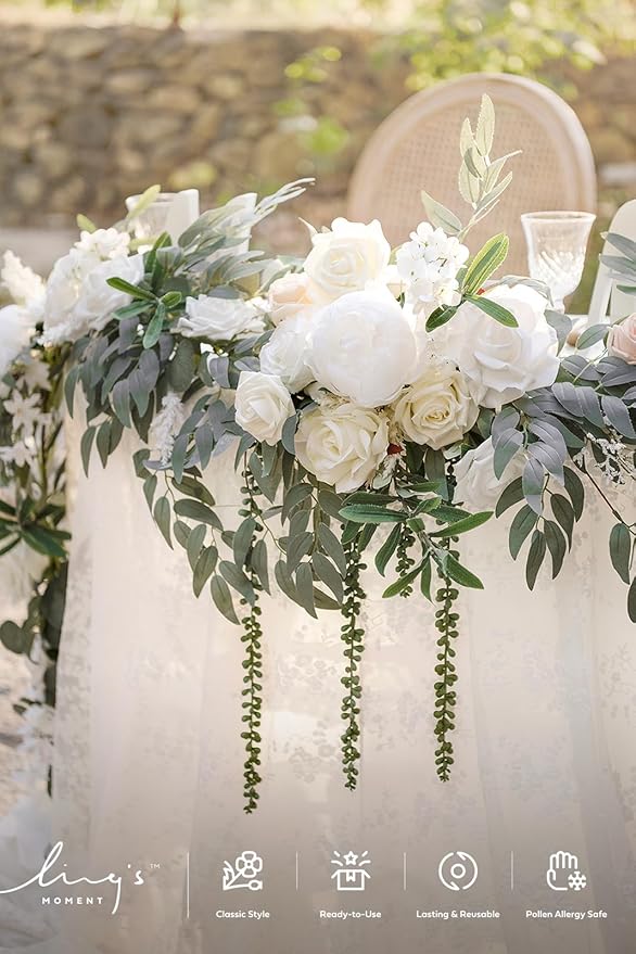 Ling's moment 9FT Spring Flower Garland for Backdrop Decorations - Wedding Arch Flowers, Eucalyptus & Rose, Artificial Floral Garland for Mantel - Sweetheart Table Decor for Reception, White & Sage