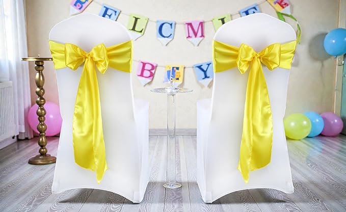 VDS Satin Chair Sashes Chair Cover Back Tie Sateen Bows Ribbon for Wedding Birthday Graduation Engagement Ceremony Event Party Banquet Venue Hotel All Dining Chair Decoration (100PC) (Yellow)
