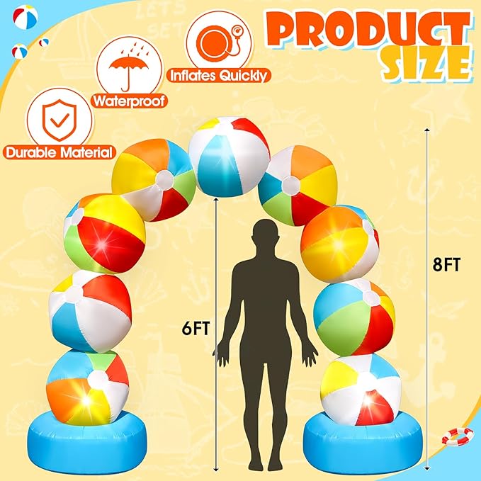 8FT Winter Inflatable Beach Ball Arch Blow Up Arch Built-in 5 LED Lights for Winter Inflatables Outdoor Decorations Birthday Party Favors Spring Party Supplies for Pool Beach Yard Lawn Garden Decor