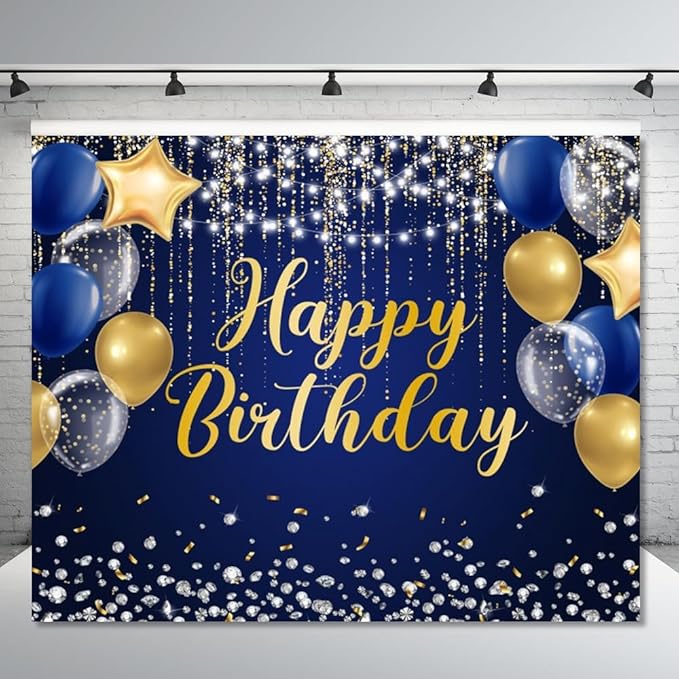 Blue Gold Happy Birthday Backdrop 10x8ft Gold Silver Glitter Birthday Photography Background Banner for Men Birthday Party Table Wall Decoration Photo Shoot Studio Props