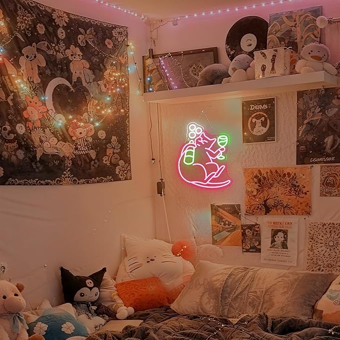 NOSUN Cat Beer Neon Sign Funny Bar Neon Signs for Wall Decor with Dimmable Cat Beer Led Sign Pink Animal Bar Light Up Signs for Bedroom Men Cave Home Birthday Party Home Decor