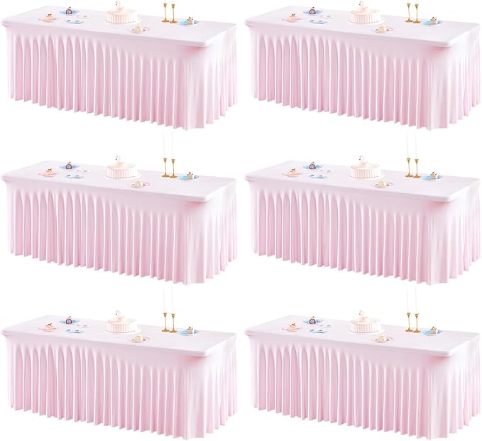6 Packs Pink Table Clothes for 6 Foot Rectangle Tables, One-Piece Wrinkle Resistant Stretch Spandex Table Covers with Skirt for Event Banquet Wedding Birthday Party