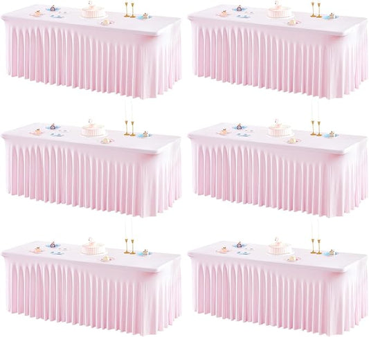 6 Packs Pink Table Clothes for 6 Foot Rectangle Tables, One-Piece Wrinkle Resistant Stretch Spandex Table Covers with Skirt for Event Banquet Wedding Birthday Party