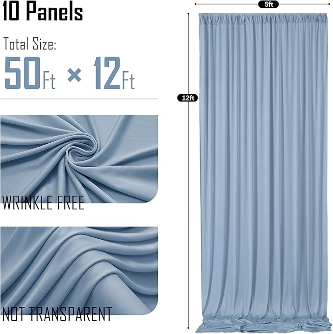 gogoparti 50x12ft Dusty Blue Backdrop Curtain for Wedding Parties, 10 Panels (5x12 ft Each) Wrinkle-Free Dackdrop Curtains, Silky Draping Fabric for Birthday Party, Baby Shower, Photo Background