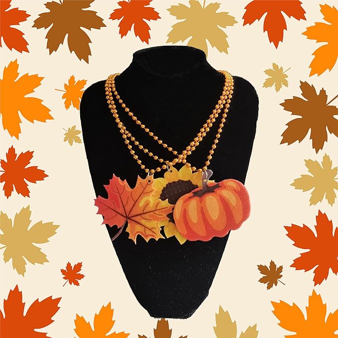 100 Pcs Thanksgiving Beads Necklaces, Orange Brown Bead Necklaces With Maple Leaf Pumpkin Turkey Pendants For Thanksgiving Patry Favors, Fall Decoration