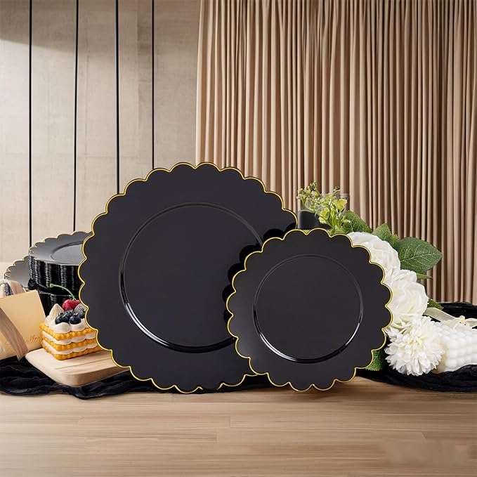 supernal 100pcs Black and Gold Plastic Dinnerware Set - Scalloped Disposable Plates Heavy Duty Gold And Black Plastic Plates Service for 50 Guests,Perfect for Party Birthday Wedding Festival