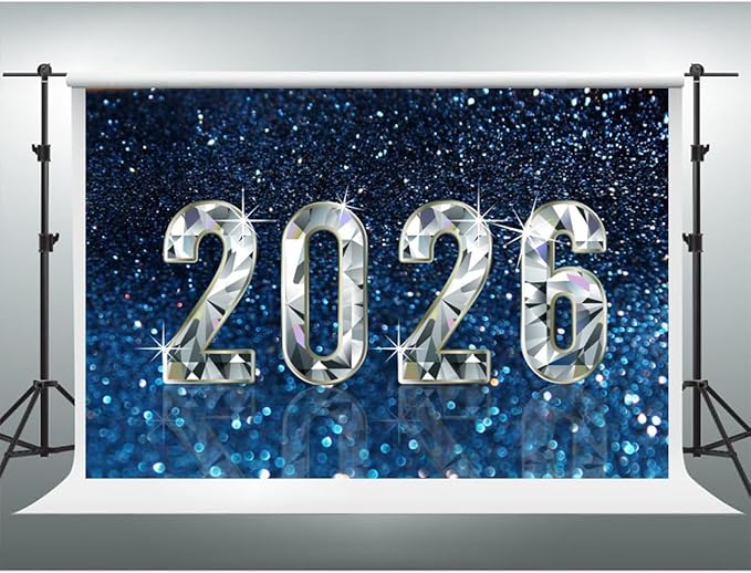 YongFoto 2026 Happy New Year Backdrop 15x10ft Diamond Sparkle Blue Photography Background Christmas Night Festival Carnival Celebration Party Banquet Decor Banner Photoshoot Wallpaper Photo Booth