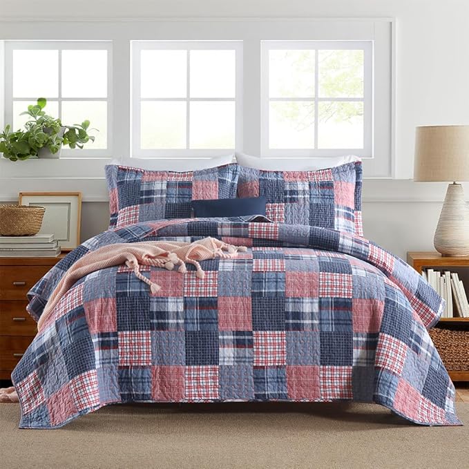 Cotton Bedding Quilt Sets Reversible All Season Real Patchwork Coverlet Sets All Season Blue Bedspread, Houndstooth Plaid Pattern, Queen Size
