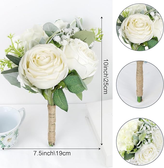 Bridesmaid Bouquets Set of 6 - Ivory White Artificial Flowers Bouquet for Bridesmaids Wedding Small Floral Centerpieces for Marriage Proposal Party Anniversary Dining Table Decor -7 Inch