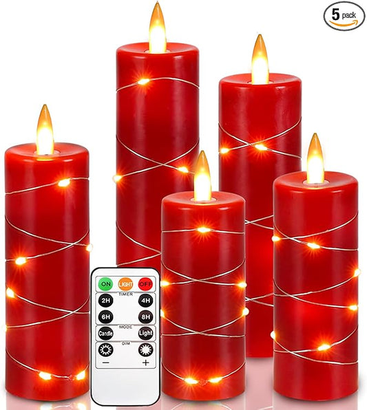 Red Flameless Candle Fairy String Light, Water Drop Flame, Advanced LED Flame Simulation with Remote and Timed Candles, 5-Cell Battery Powered，Christmas Candle