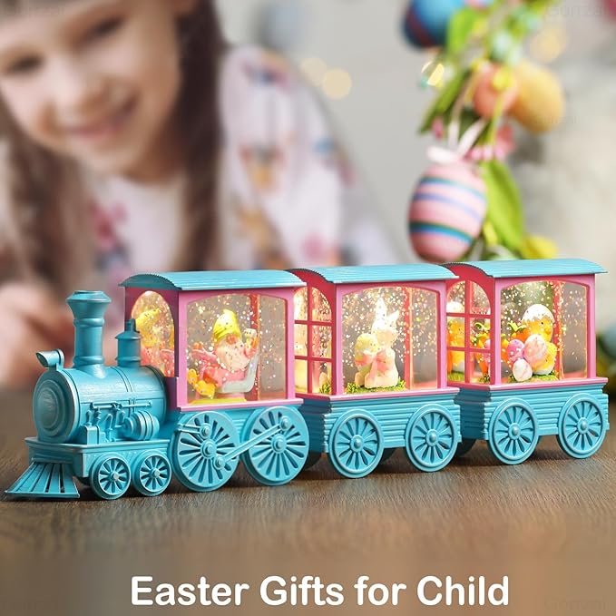 Easter Snow Globe Lighted Bunny Snow Globes with 6H Timer and Manual Glitter, Light Up Easter Decorations for Home Indoor Bunny Decor Gift with Train Gnome Chicken Eggs, Battery Operated