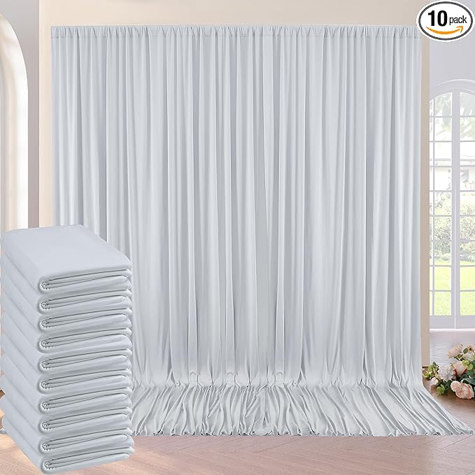 50ft×10ft Silver Wrinkle Free Backdrop Curtains for Parties, 10 Panels 5×10ft Soft Silky Polyester Light Gray Photo Backdrop Drapes for Wedding Birthday Baby Shower Party Photography Decor