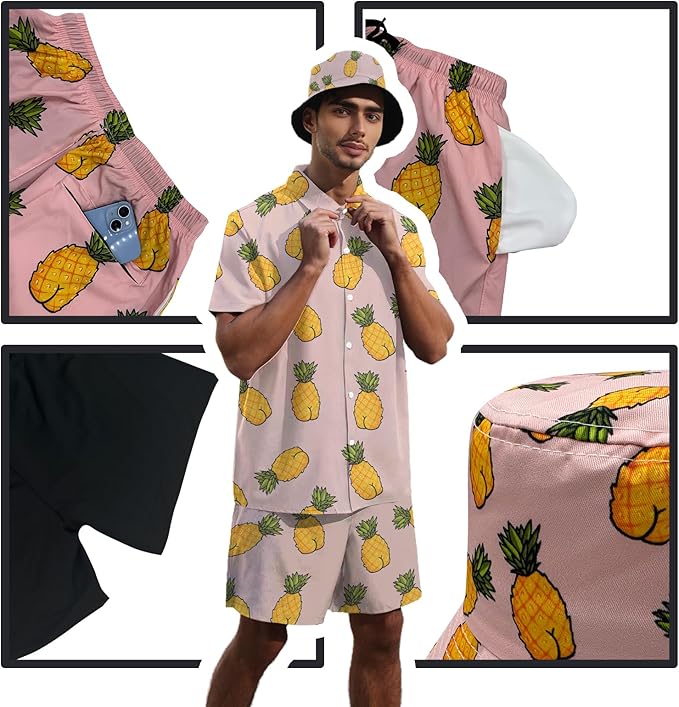 Men's Hawaiian Shirt and Shorts Set 2 Piece Beach Outfits with Bucket Hats for Beach Days and Summer Vibes
